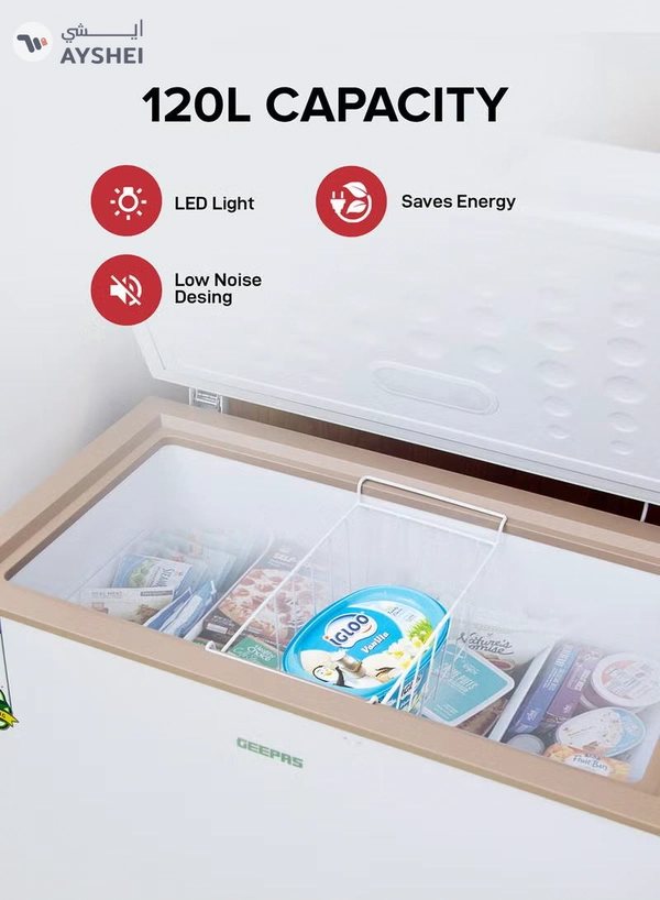 GEEPAS 250L Chest Freezer Adjustable Thermostat -18°C Frozen Temperature | 1pc Food Basket | Compressor Switch off function , 100% HCF & FCKW Free | 125W, High efficiency Monolithic Foaming| LED Light with Lock & Key 250 L GCF2506WAH White