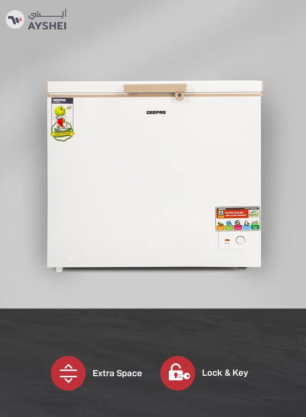 GEEPAS 250L Chest Freezer Adjustable Thermostat -18°C Frozen Temperature | 1pc Food Basket | Compressor Switch off function , 100% HCF & FCKW Free | 125W, High efficiency Monolithic Foaming| LED Light with Lock & Key 250 L GCF2506WAH White