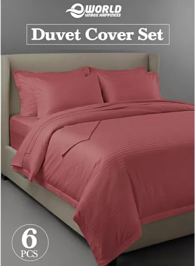 Premium Striped Duvet Set All Season – 6-Pieces Set Dusty Rose | King Size 220x240 cm | Ultra-Soft, Wrinkle-Resistant & Made in Dubai | Includes Duvet Cover, Fitted Sheet (200x200 cm) & 4 Pillowcases (50x70 cm)-0
