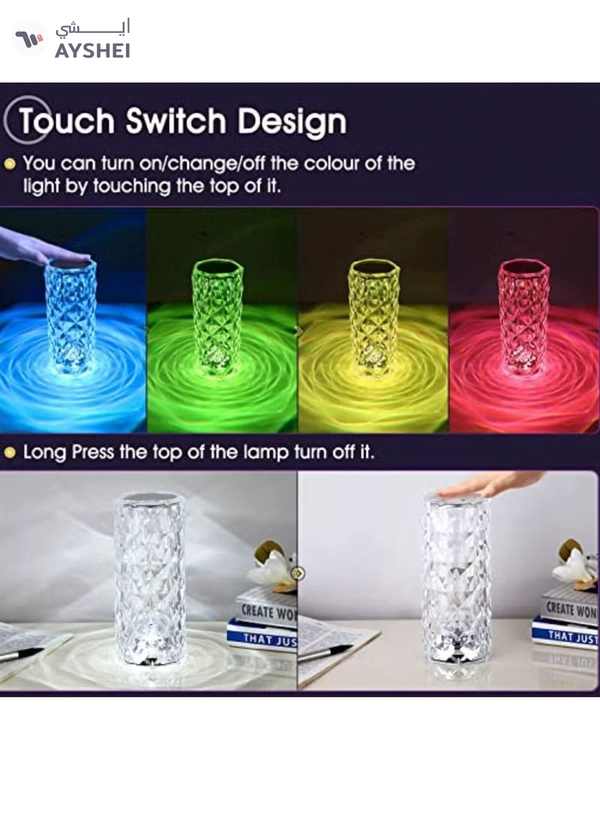 Yuwell Crystal Diamond Table Lamp RGB 16 Colors USB Charging Touch Lamp Bedside Night Light With Remote Control Acrylic Rose Rays Led Ambient Mood Lamp For Bedroom Living Room Guest Room Bar And Restaurant
