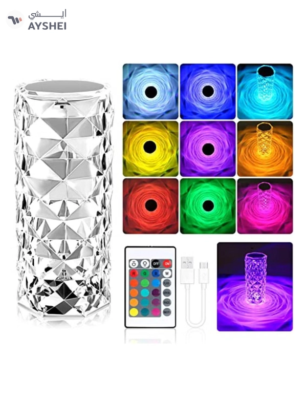 Yuwell Crystal Diamond Table Lamp RGB 16 Colors USB Charging Touch Lamp Bedside Night Light With Remote Control Acrylic Rose Rays Led Ambient Mood Lamp For Bedroom Living Room Guest Room Bar And Restaurant