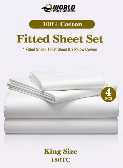 4-Piece Luxury King Size White Bedding Set – 100% Cotton, 180 TC | Flat Sheet 220x240cm, Fitted Sheet 200x200+30cm & 2 Pillow Cases 50x75cm-0