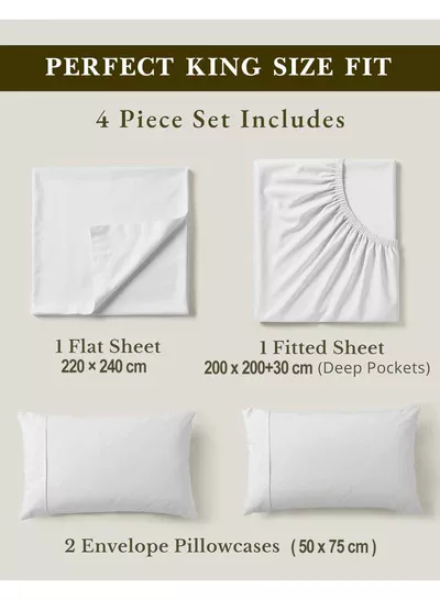 4-Piece Luxury King Size White Bedding Set – 100% Cotton, 180 TC | Flat Sheet 220x240cm, Fitted Sheet 200x200+30cm & 2 Pillow Cases 50x75cm-1