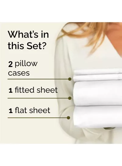 4-Piece Luxury King Size White Bedding Set – 100% Cotton, 180 TC | Flat Sheet 220x240cm, Fitted Sheet 200x200+30cm & 2 Pillow Cases 50x75cm-2