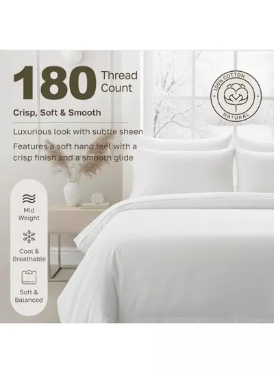 4-Piece Luxury King Size White Bedding Set – 100% Cotton, 180 TC | Flat Sheet 220x240cm, Fitted Sheet 200x200+30cm & 2 Pillow Cases 50x75cm-3