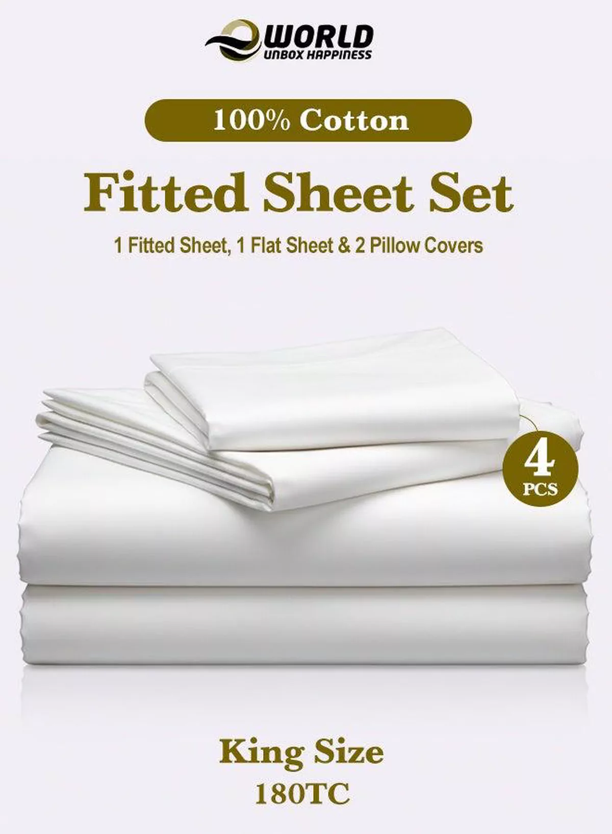 4-Piece Luxury King Size White Bedding Set – 100% Cotton, 180 TC | Flat Sheet 220x240cm, Fitted Sheet 200x200+30cm & 2 Pillow Cases 50x75cm