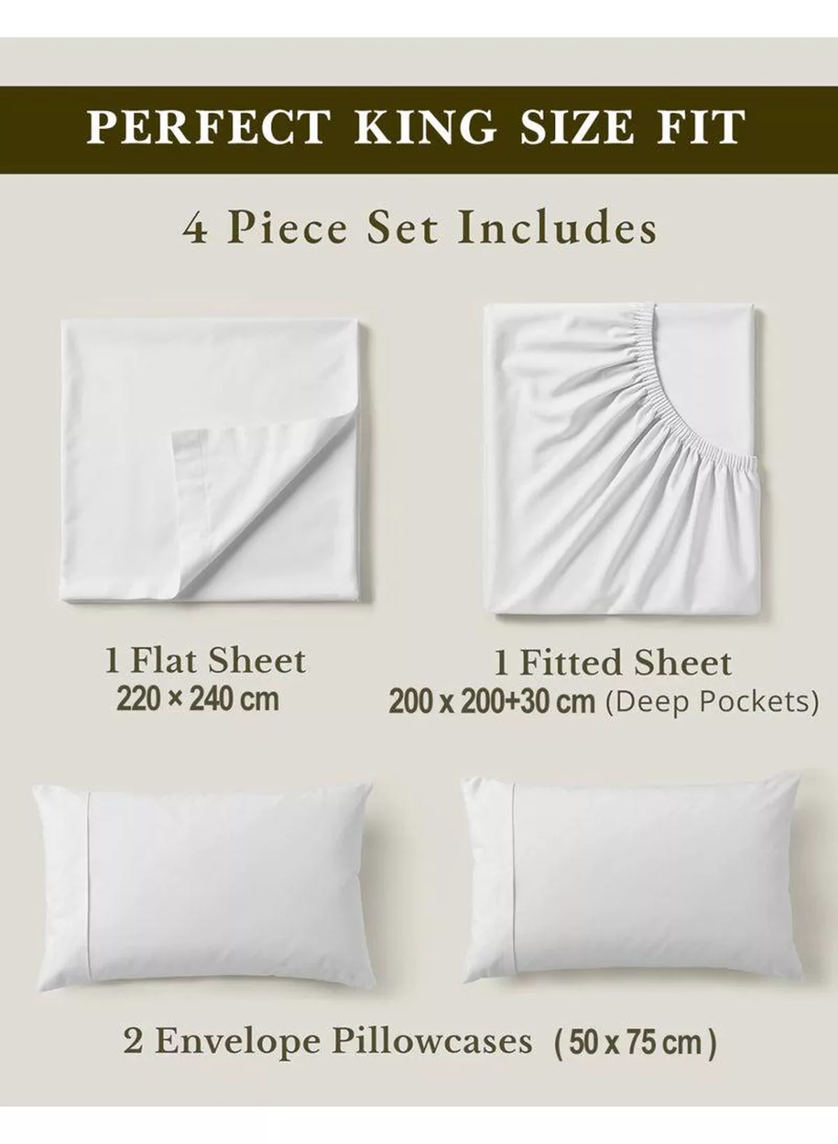 4-Piece Luxury King Size White Bedding Set – 100% Cotton, 180 TC | Flat Sheet 220x240cm, Fitted Sheet 200x200+30cm & 2 Pillow Cases 50x75cm-1-1