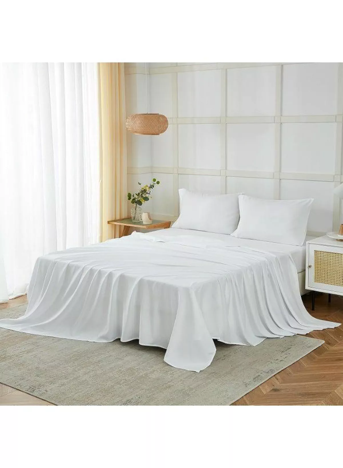 4-Piece Luxury King Size White Bedding Set – 100% Cotton, 180 TC | Flat Sheet 220x240cm, Fitted Sheet 200x200+30cm & 2 Pillow Cases 50x75cm-7-7