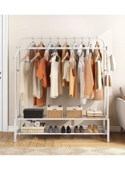 DubaiGallery Sturdy Garment Rack Heavy Duty Double Pole Clothes Rail with Shoe Rack Shelf Coat Display Stand Bedroom Office Entryway-3