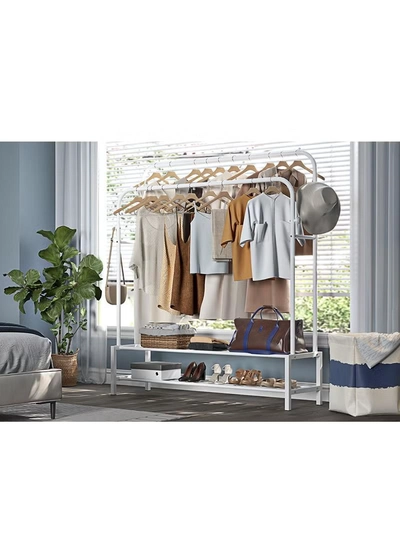 DubaiGallery Sturdy Garment Rack Heavy Duty Double Pole Clothes Rail with Shoe Rack Shelf Coat Display Stand Bedroom Office Entryway-1