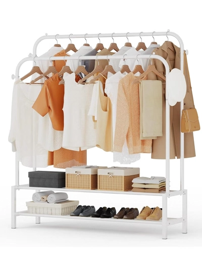 DubaiGallery Sturdy Garment Rack Heavy Duty Double Pole Clothes Rail with Shoe Rack Shelf Coat Display Stand Bedroom Office Entryway-0