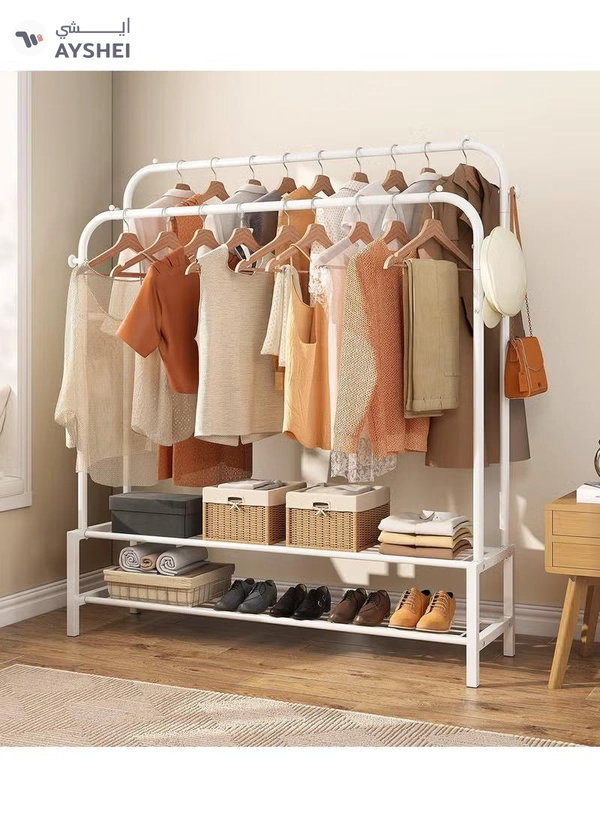 DubaiGallery Sturdy Garment Rack Heavy Duty Double Pole Clothes Rail with Shoe Rack Shelf Coat Display Stand Bedroom Office Entryway