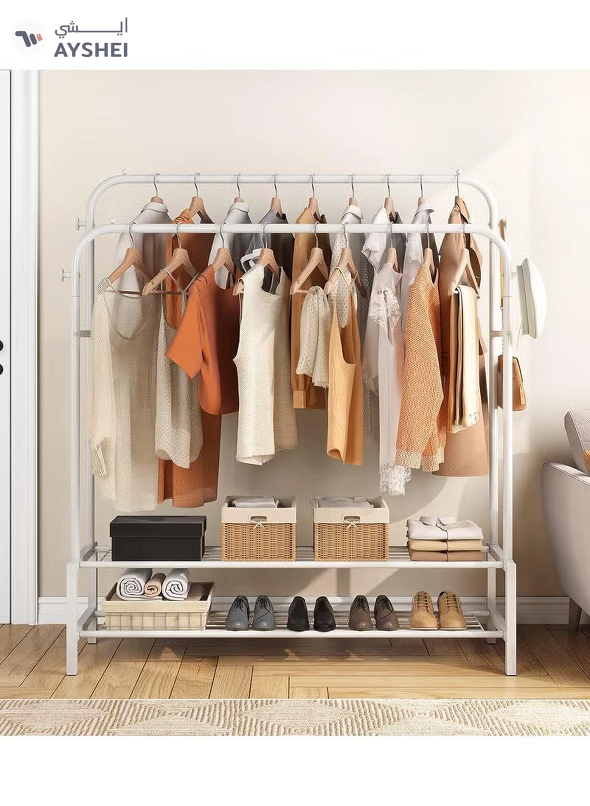 DubaiGallery Sturdy Garment Rack Heavy Duty Double Pole Clothes Rail with Shoe Rack Shelf Coat Display Stand Bedroom Office Entryway-3-3
