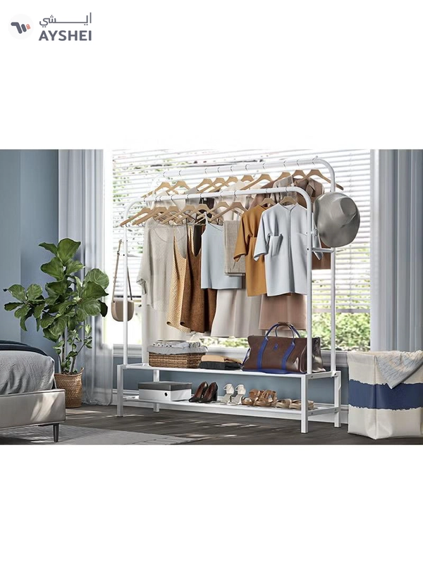 DubaiGallery Sturdy Garment Rack Heavy Duty Double Pole Clothes Rail with Shoe Rack Shelf Coat Display Stand Bedroom Office Entryway