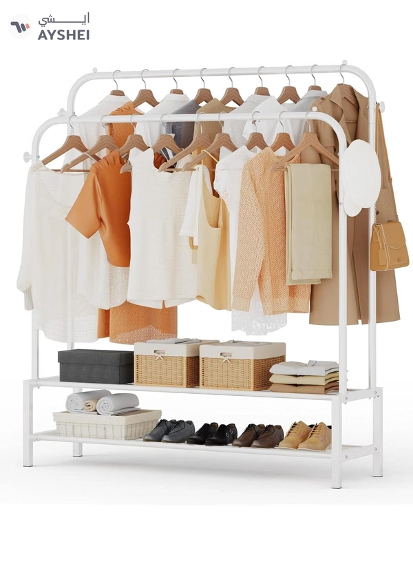 DubaiGallery Sturdy Garment Rack Heavy Duty Double Pole Clothes Rail with Shoe Rack Shelf Coat Display Stand Bedroom Office Entryway
