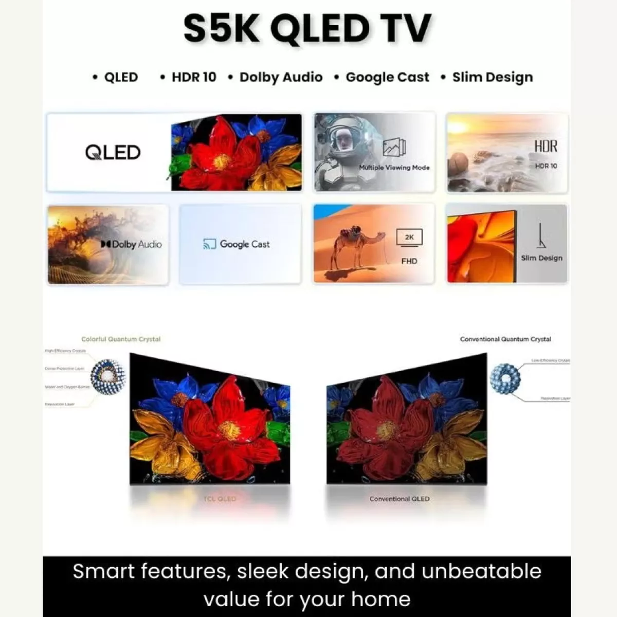 TCL 32 Inch S5K QLED 2K Full HD Smart TV | Google TV | Ultra-wide Color Gamut | 60Hz | HDR10+, HDR10, HLG | Dolby Audio | Google Cast | Multiple Viewing Mode | Metallic Bezel-less Design - International Version 32S5K Black-2-2