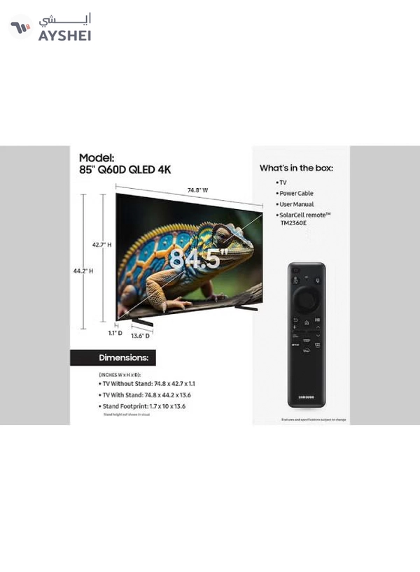 Samsung 85 Inch 4K UHD Smart QLED TV with Built-in Receiver - 85Q60CA black