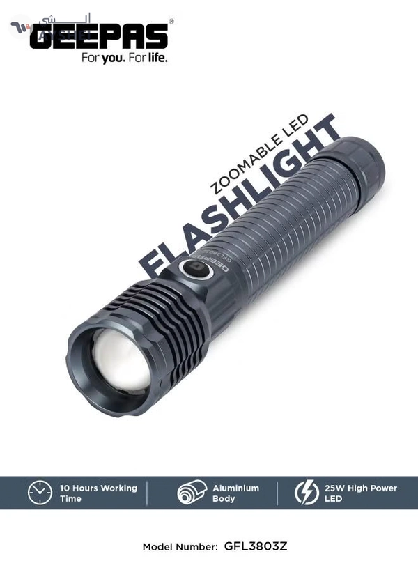GEEPAS Zoomable LED Flashlight with 25W High Power LED, Aircraft-Grade Aluminum Body, Type-C Charging Grey 287mm