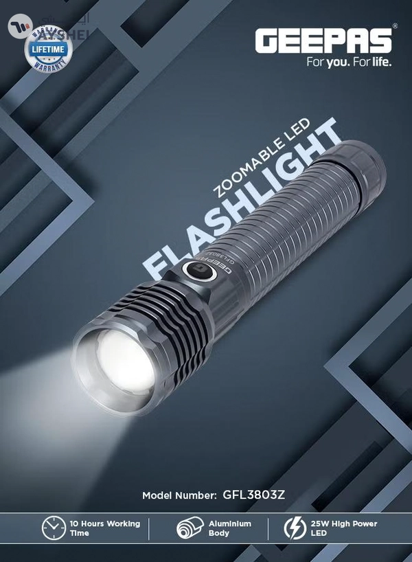 GEEPAS Zoomable LED Flashlight with 25W High Power LED, Aircraft-Grade Aluminum Body, Type-C Charging Grey 287mm