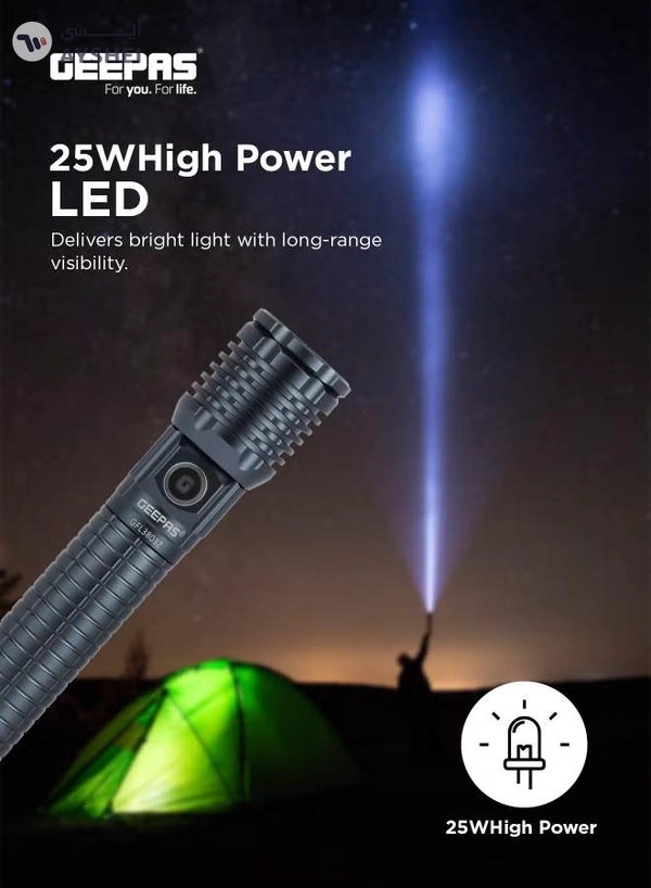 GEEPAS Zoomable LED Flashlight with 25W High Power LED, Aircraft-Grade Aluminum Body, Type-C Charging Grey 287mm