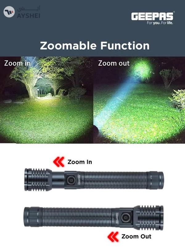 GEEPAS Zoomable LED Flashlight with 25W High Power LED, Aircraft-Grade Aluminum Body, Type-C Charging Grey 287mm
