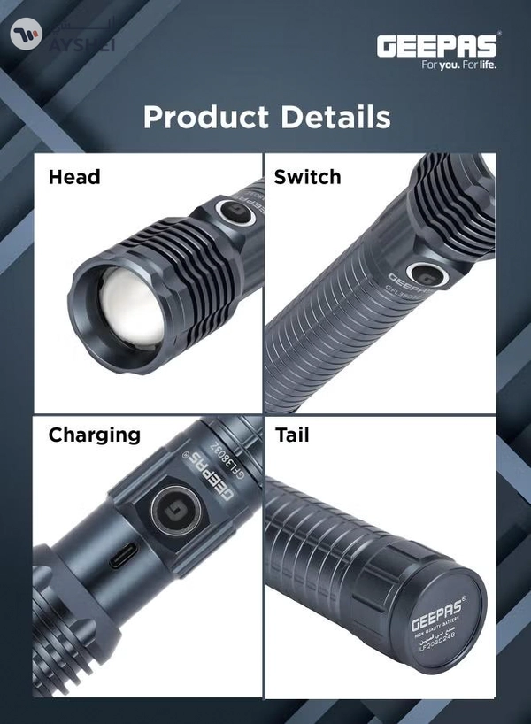 GEEPAS Zoomable LED Flashlight with 25W High Power LED, Aircraft-Grade Aluminum Body, Type-C Charging Grey 287mm