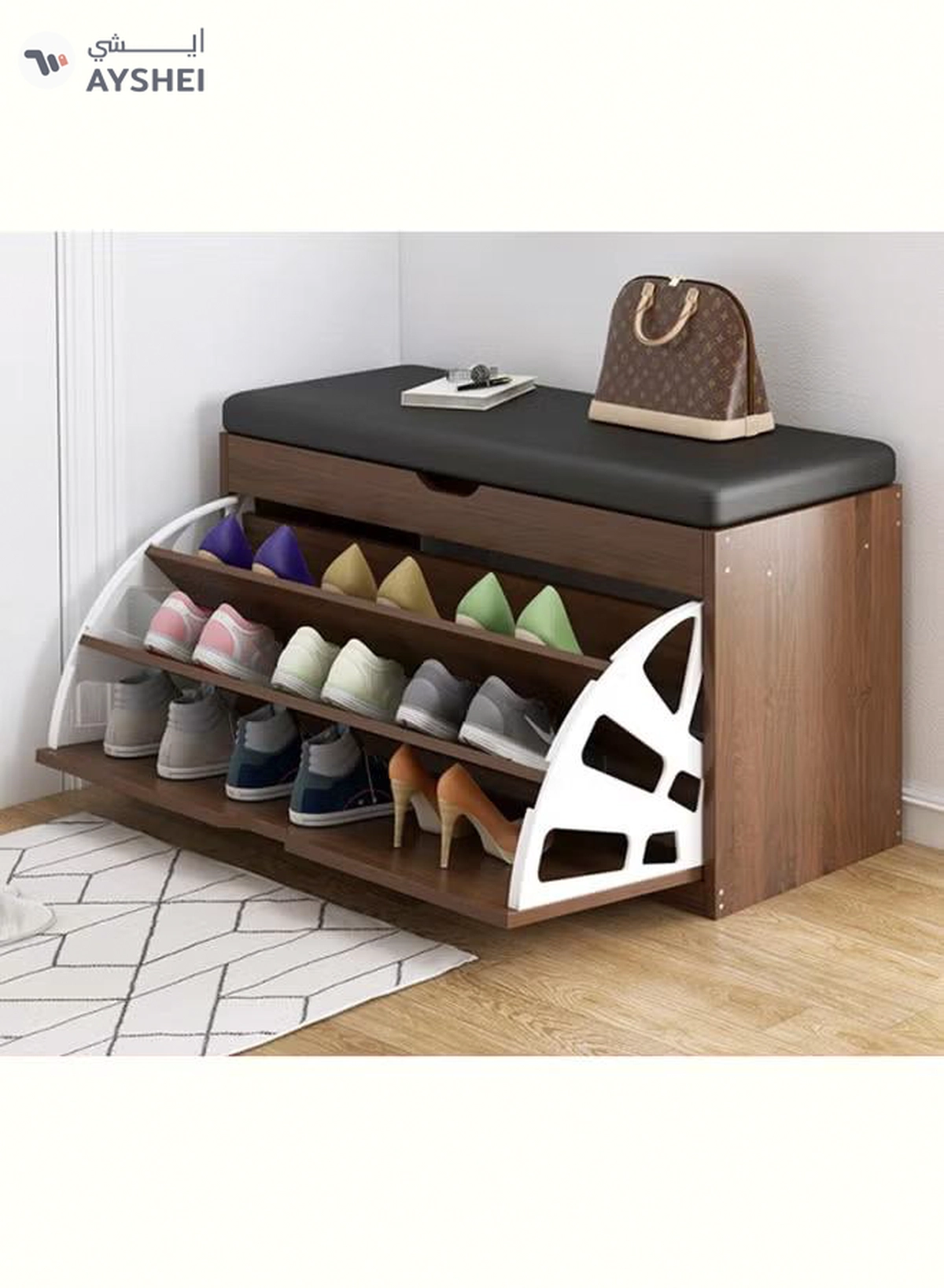 fashionhome Wooden Shoe Cabinet With Seats Changing Stool Black 60x33x51cm-5-5