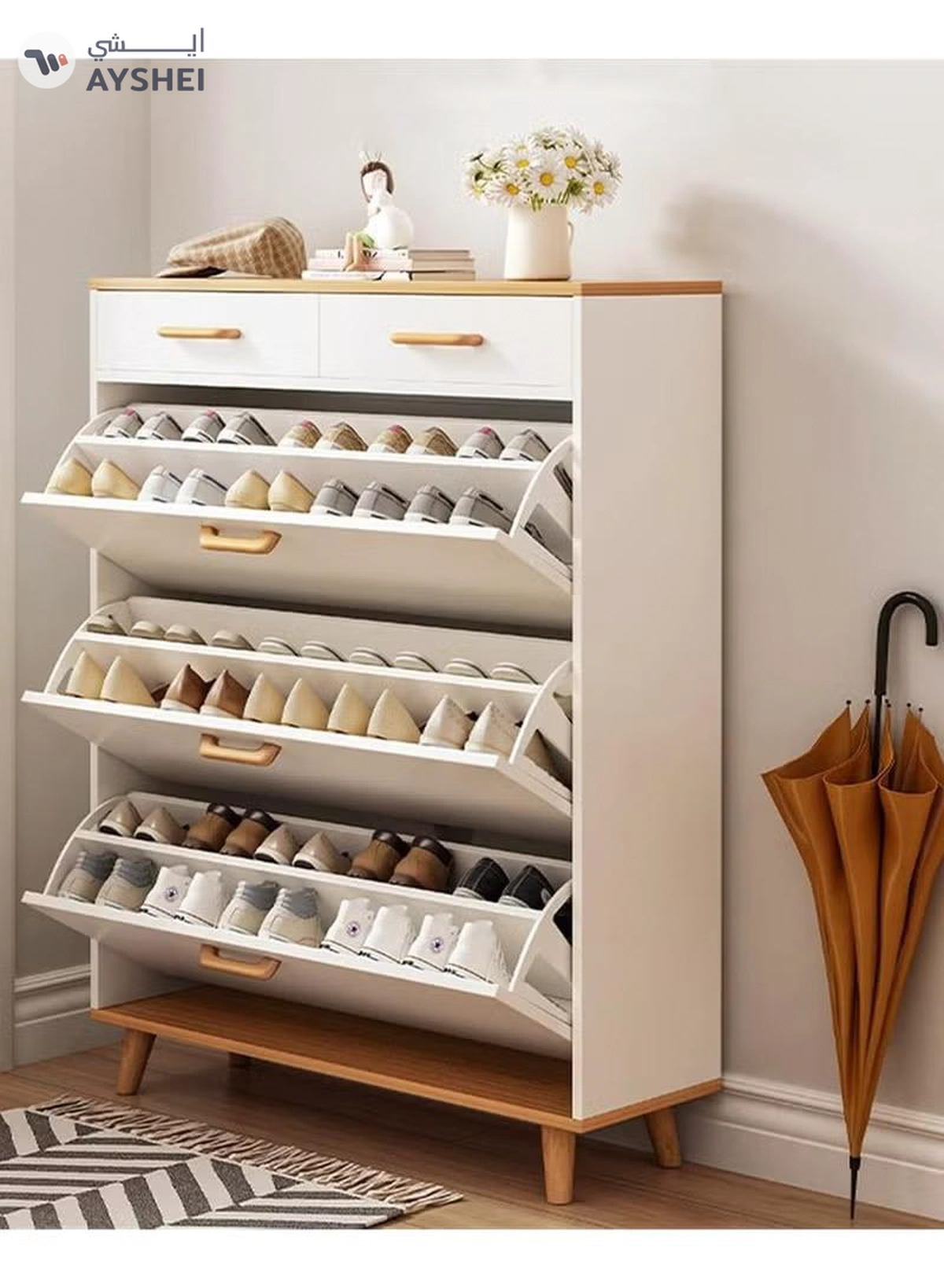 DubaiGallery Shoe Racks for Entryway, Narrow Shoe Cabinet, Modern Wall Shoe Rack with 3 Flap Drawers, Hidden Handle, Closet Shoe Rack for Entrance/Bedroom/Bathroom-3-3