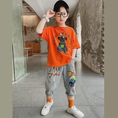 Babyqlo Printed orange t-shirt with denim shorts set for boys-0