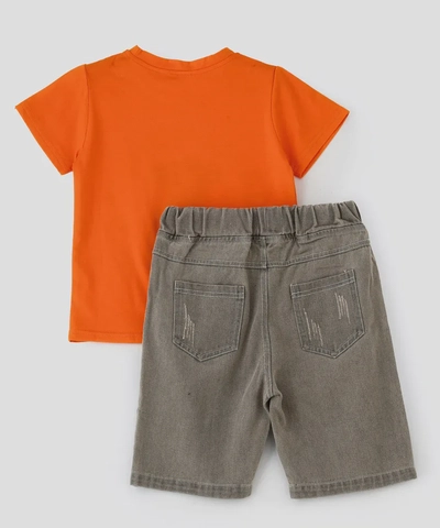 Babyqlo Printed orange t-shirt with denim shorts set for boys-1
