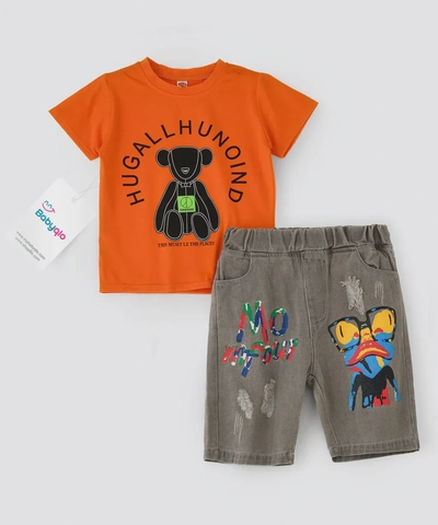 Babyqlo Printed orange t-shirt with denim shorts set for boys-2