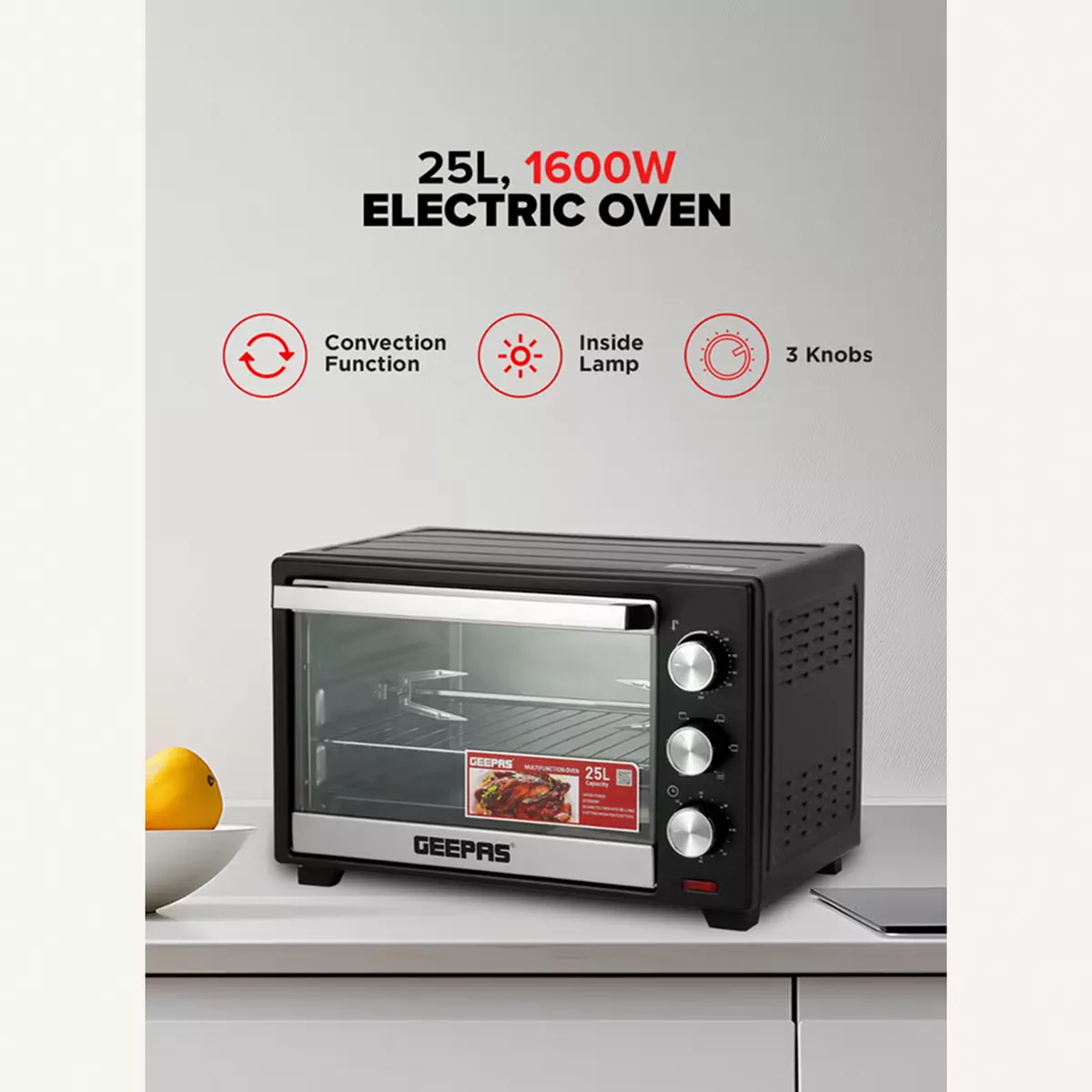 GEEPAS Electric Oven With Rotisserie, 60 Minutes Timer With Bell Ring,-7-7