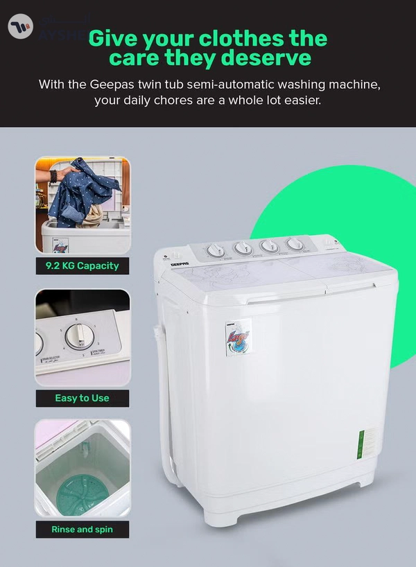 GEEPAS Twin Tub Semi-Automatic Washing Machine 9.2 Kg | 7 Kg Spin Capacity Powerful Motor High Back Control Panel Top Load Washing Machine| Tempered Glass Cover, Low Noise Motor, Magic Filter GSWM6467N White