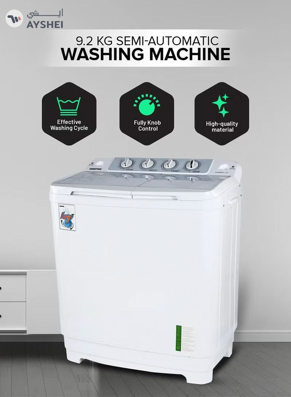 GEEPAS Twin Tub Semi-Automatic Washing Machine 9.2 Kg | 7 Kg Spin Capacity Powerful Motor High Back Control Panel Top Load Washing Machine| Tempered Glass Cover, Low Noise Motor, Magic Filter GSWM6467N White