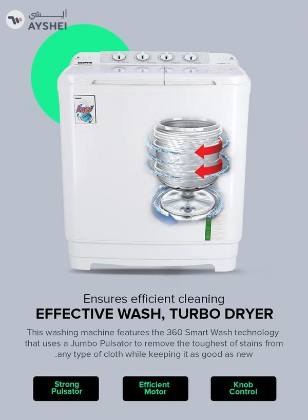 GEEPAS Twin Tub Semi-Automatic Washing Machine 9.2 Kg | 7 Kg Spin Capacity Powerful Motor High Back Control Panel Top Load Washing Machine| Tempered Glass Cover, Low Noise Motor, Magic Filter GSWM6467N White