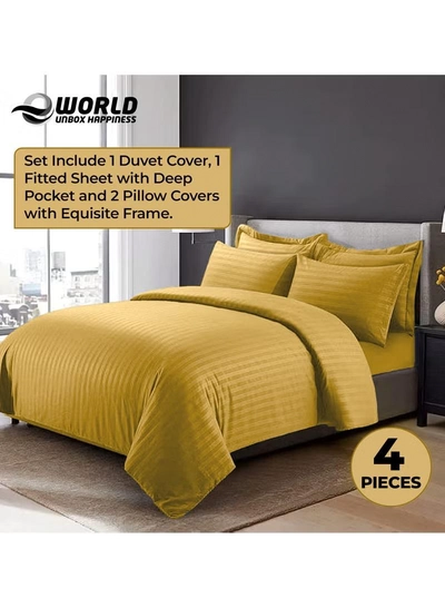 Eworld 4-Piece Luxury King Size Gold Striped Bedding Set Includes 1 Duvet Cover (220x240cm)-3
