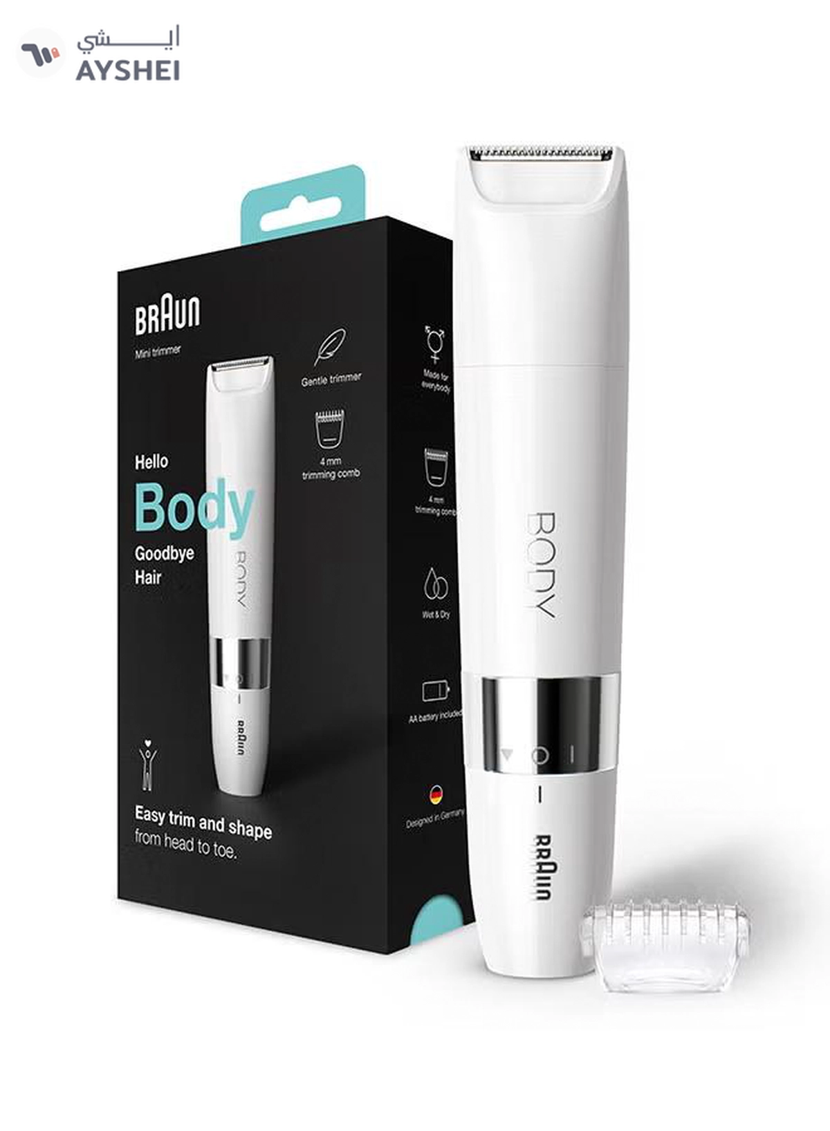 BRAUN Body Mini Trimmer Bs1000, Electric Body Hair Removal For Everybody, For On-The-Go White - BS 1000
