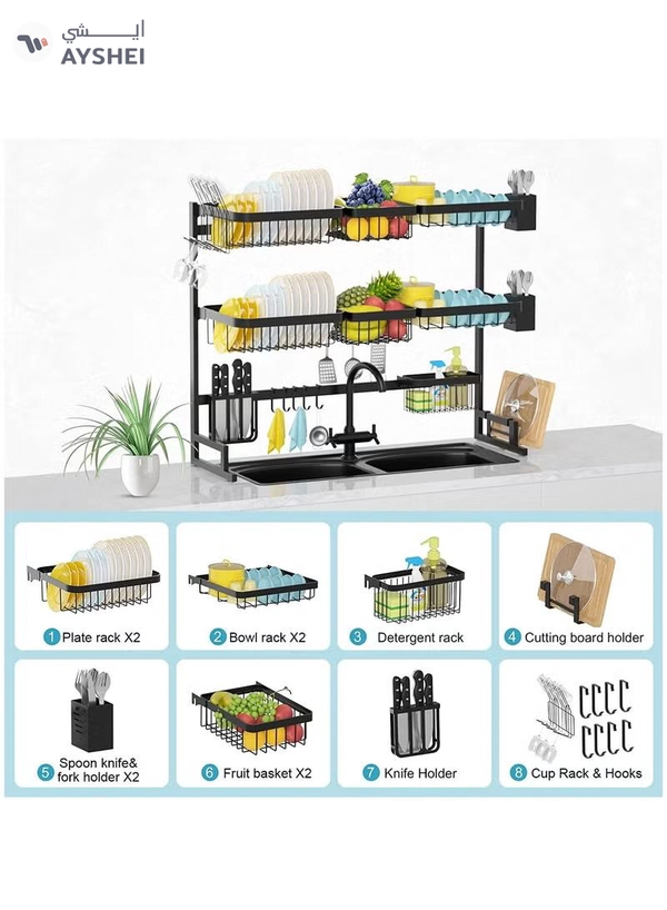 DubaiGallery 3 Layer Stainless Steel Kitchen Rack Dish Organizer Drying Rack Above Sink Drain Rack Kitchen Storage Countertop Utensil Holder