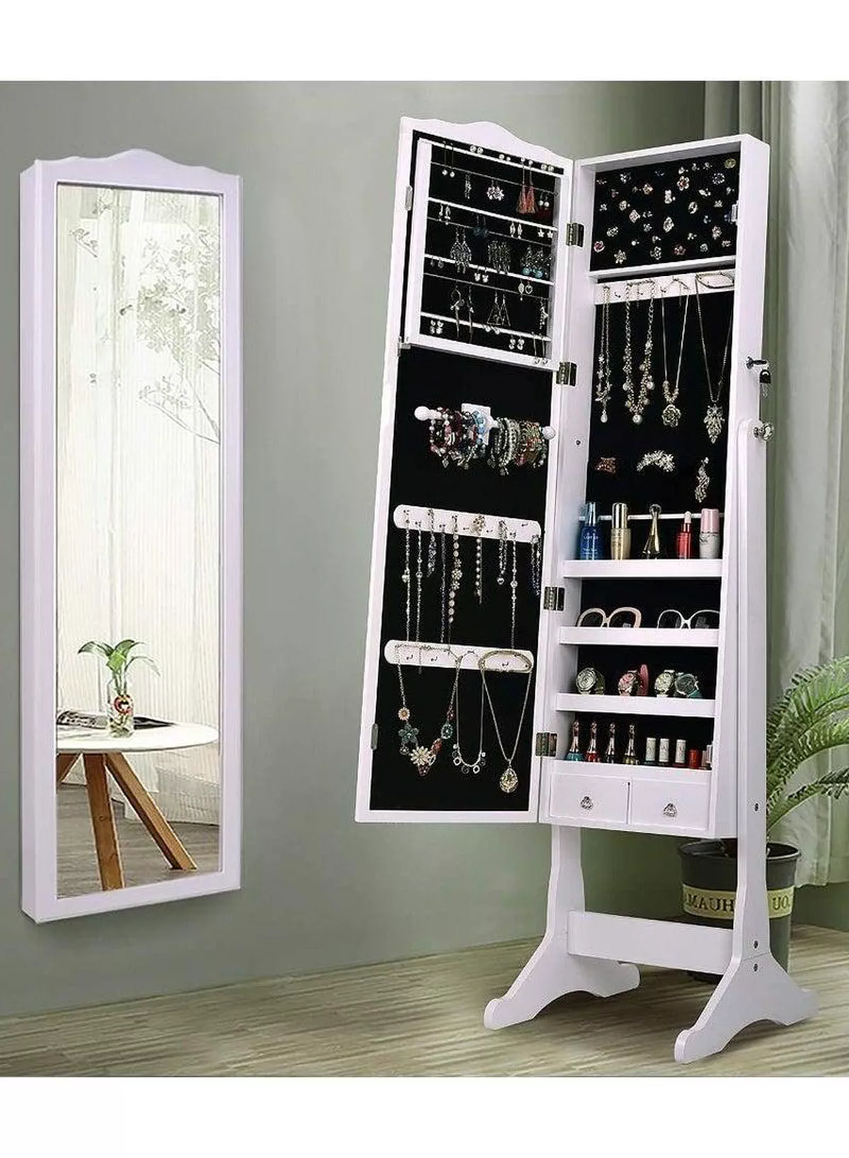 Dressing Mirror with Jewelry Box Full Length Mirror Jewelry Organizer Lockable Wood Standing Jewelry Armoire with Mirror