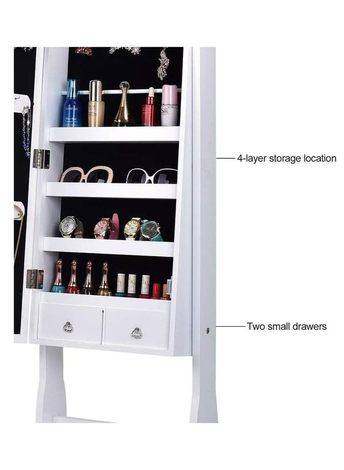 Dressing Mirror with Jewelry Box Full Length Mirror Jewelry Organizer Lockable Wood Standing Jewelry Armoire with Mirror-3-3
