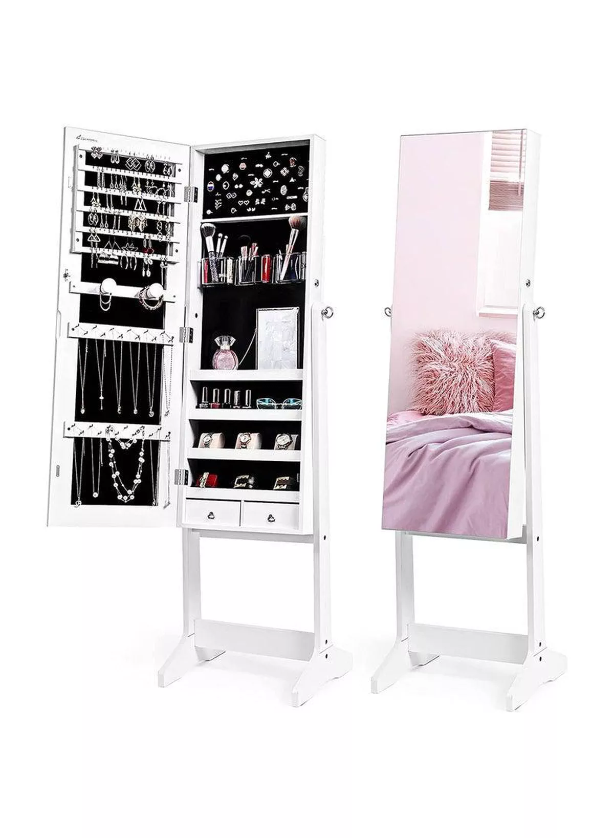 Dressing Mirror with Jewelry Box Full Length Mirror Jewelry Organizer Lockable Wood Standing Jewelry Armoire with Mirror-5-5