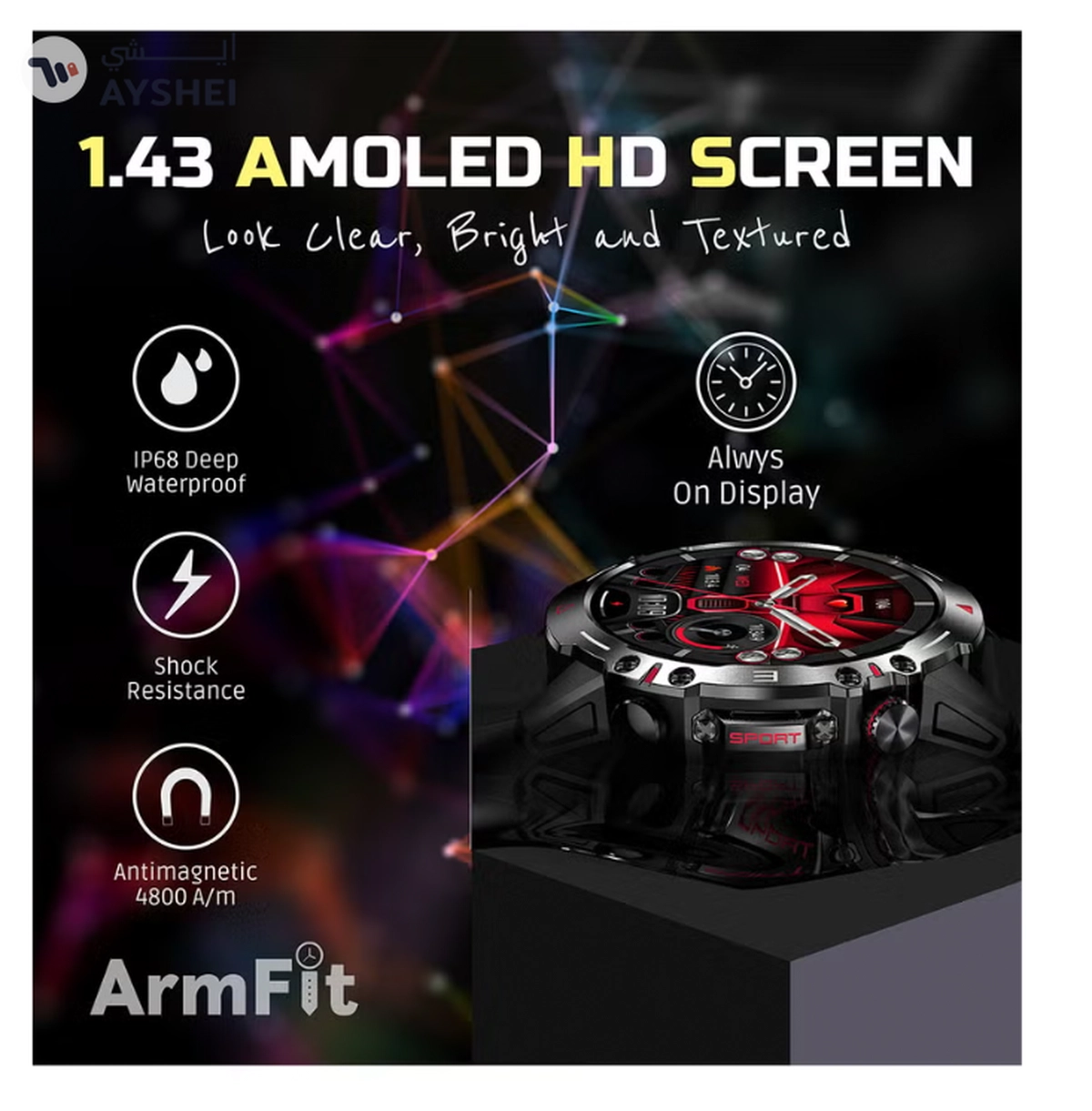 ARMFIT Hulk Smartwatch For Men, AMOLED Always On Display Bluetooth Calling Waterproof Fitness Watches Compatible With Android iOS Black-5-5