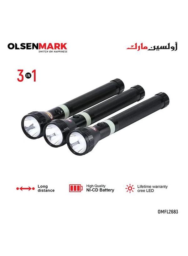 Olsenmark 3 In1 Rechargeable LED Flashlight Torch Black/White 158grams