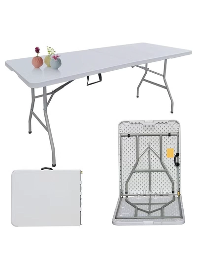 DubaiGallery Folding Table 6ft Portable Heavy Duty Plastic Fold-in-Half Utility Picnic Table Plastic Dining Table Indoor Outdoor for Camping White-0