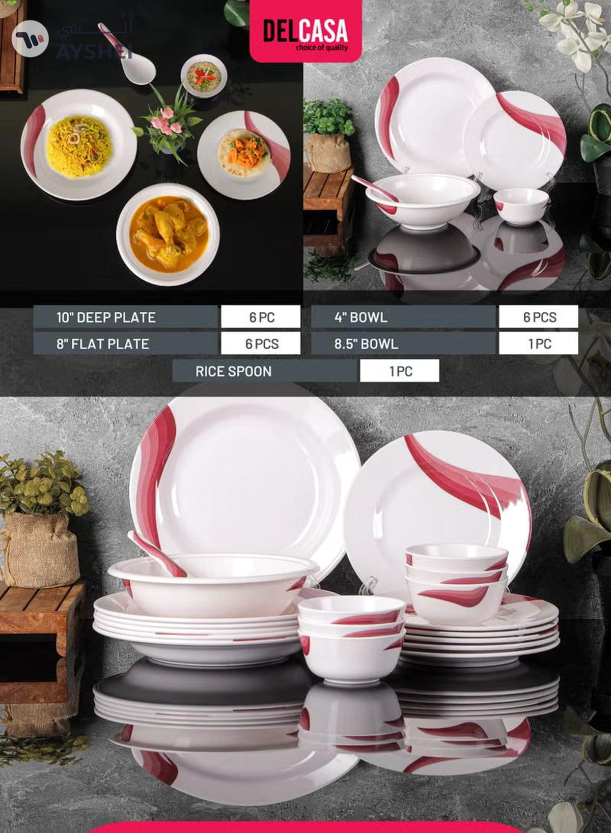 DELCASA 20-Piece Melamineware Dinner Set White/Red 45cm-2-2