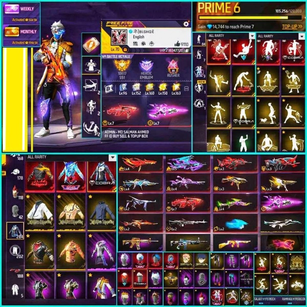 Free Fire Maxed Account with Rare Skins, Lv.7 Weapons & Emotes
