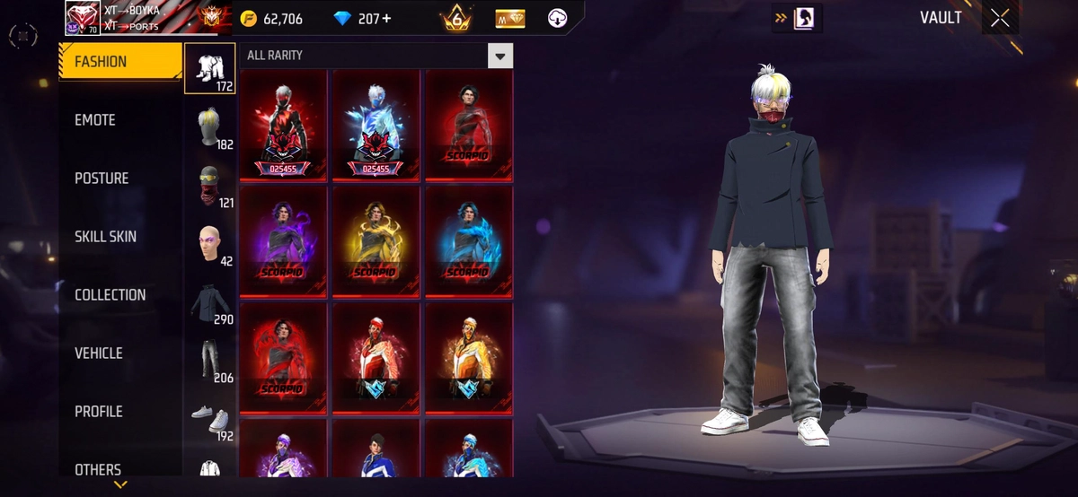 Free Fire Maxed Account with Rare Skins, Lv.7 Weapons & Emotes