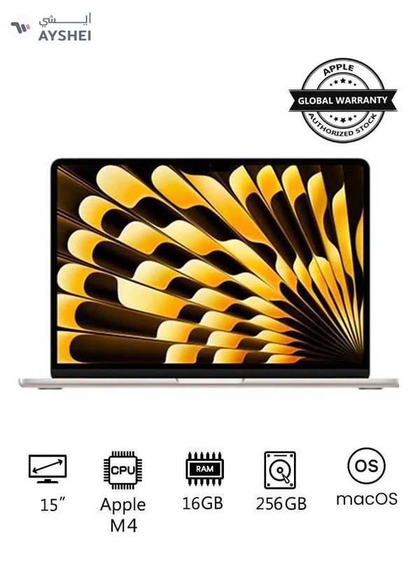Apple New 2025 MacBook Air MW1J3 15-Inch Display, Apple M4 Chip 10-Core CPU 10-Core GPU Processor/16GB RAM/256GB SSD/macOS(International version) English Starlight