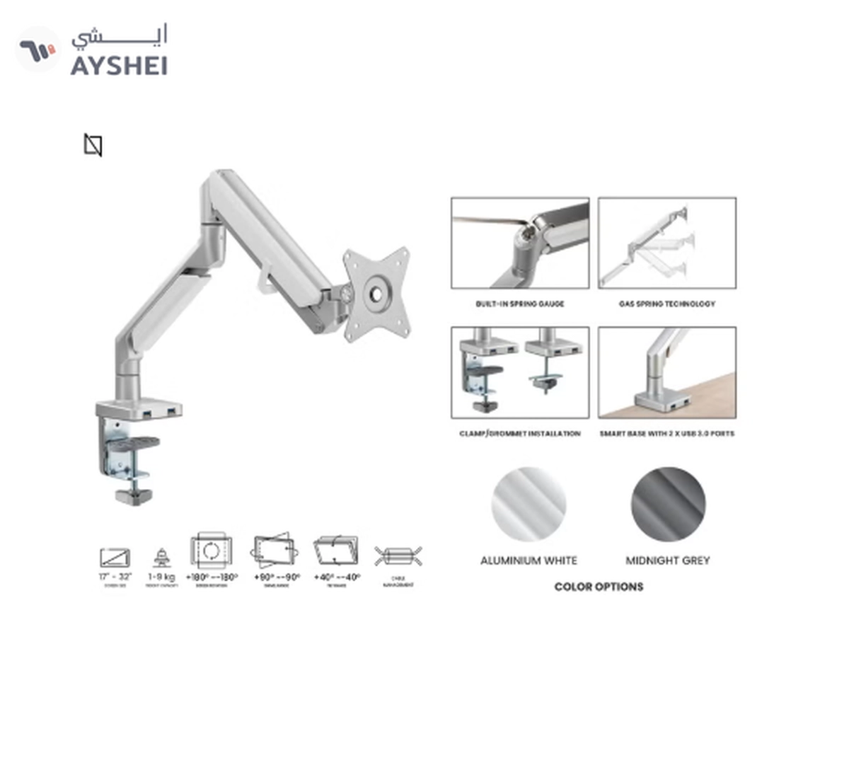 NAVODESK Single Monitor Desk Mount with Gas Spring Tech And USB Silver-1-1