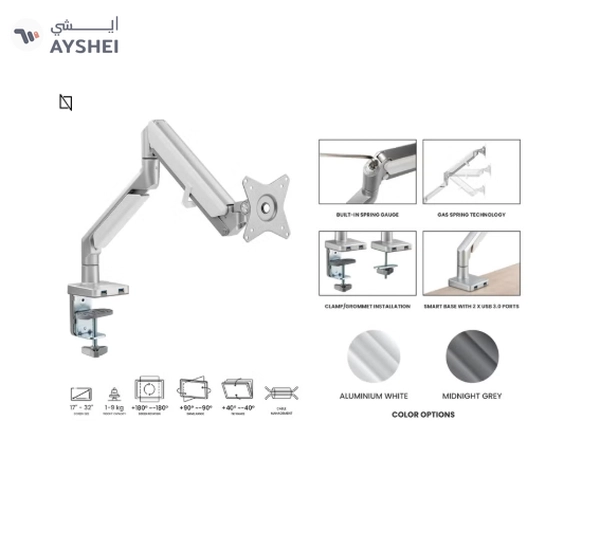 NAVODESK Single Monitor Desk Mount with Gas Spring Tech And USB Silver